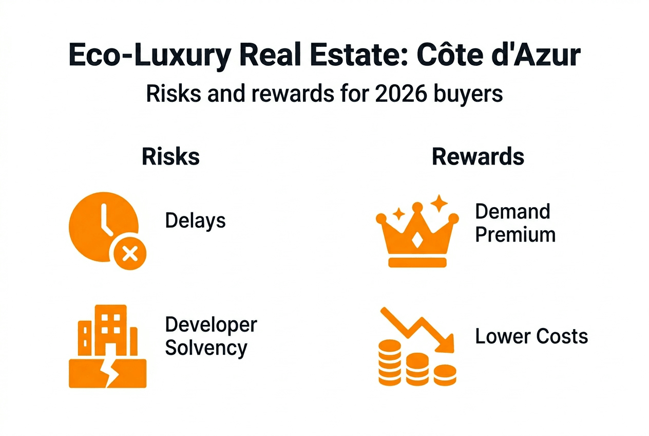 Infographic showing eco-luxury real estate risks and rewards