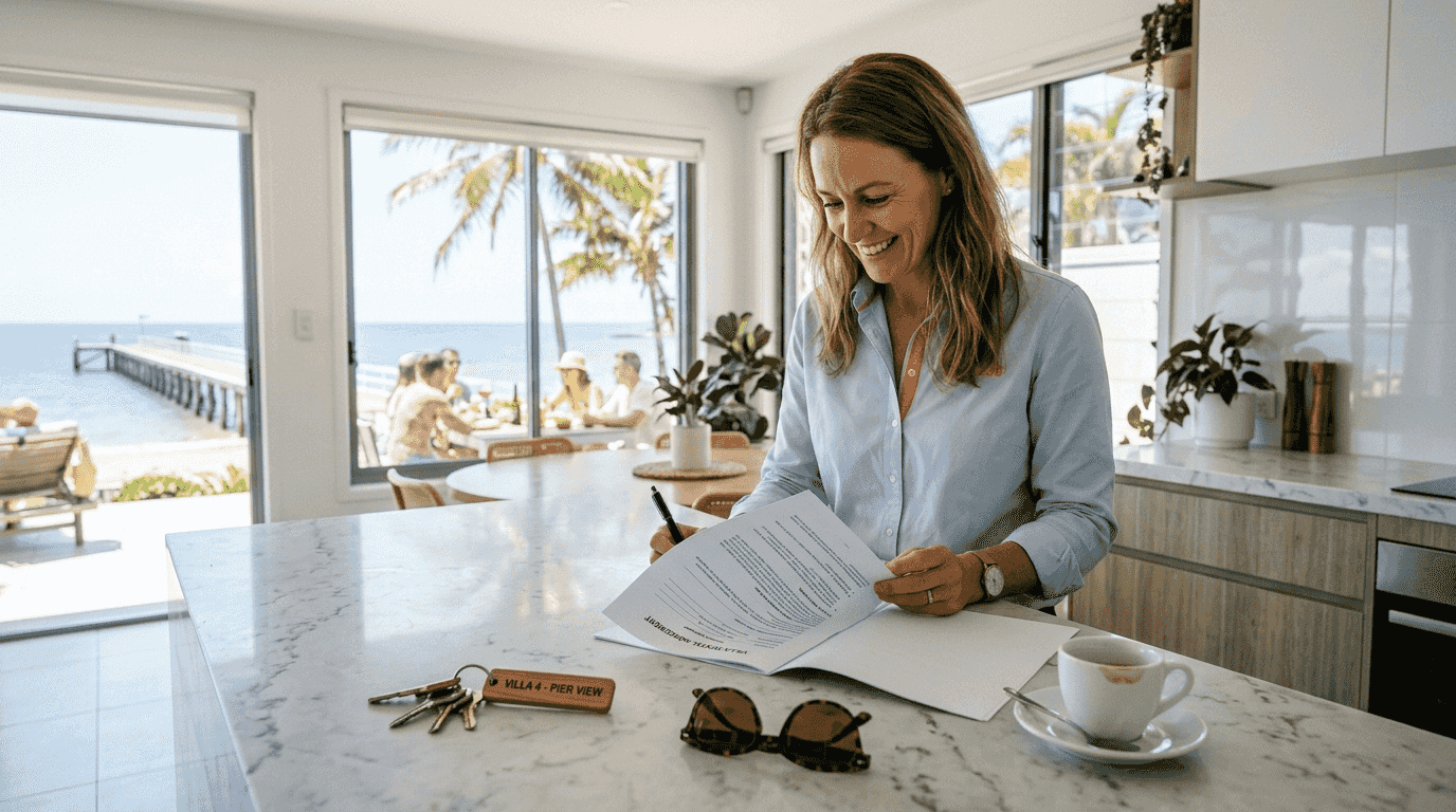 Villa manager reviews rental in beachfront luxury kitchen