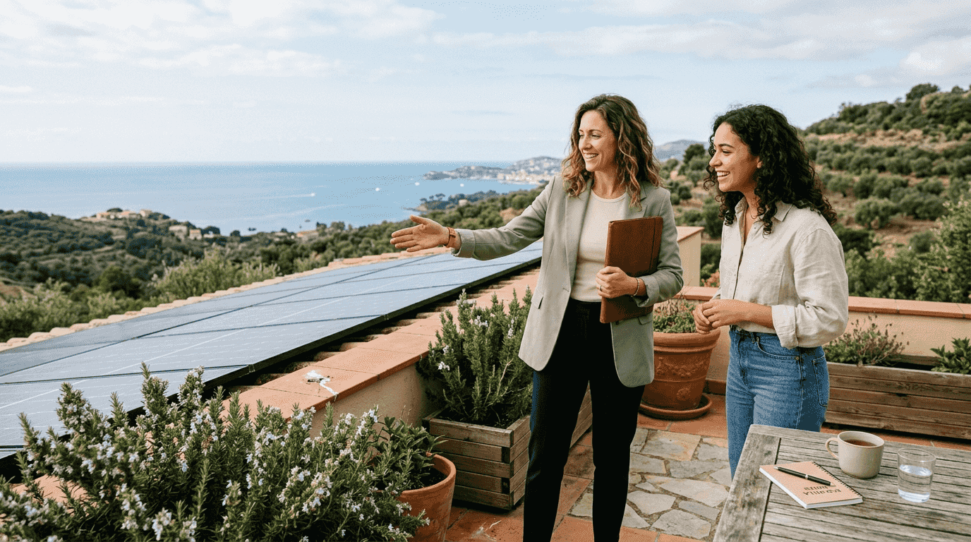 Agent and buyer inspect eco-villa solar panels