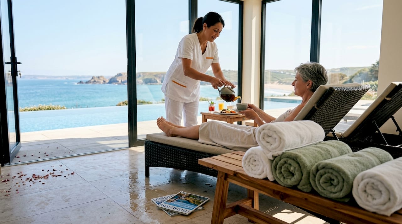 Estate wellness spa with infinity pool view