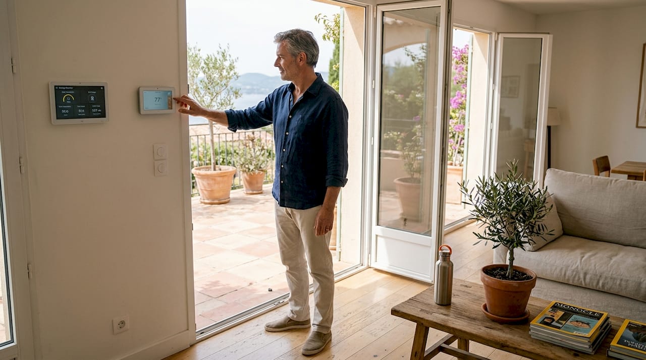 Owner adjusting eco-friendly luxury villa settings