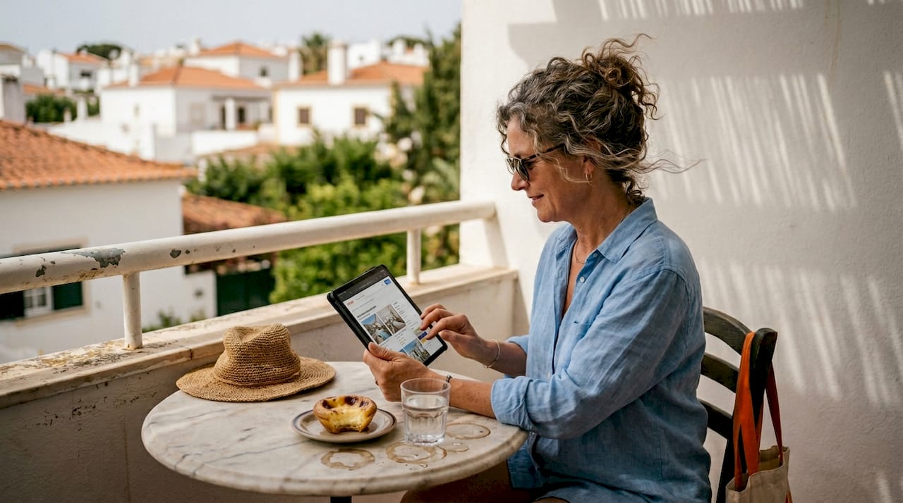 Woman browsing rentals on Algarve balcony