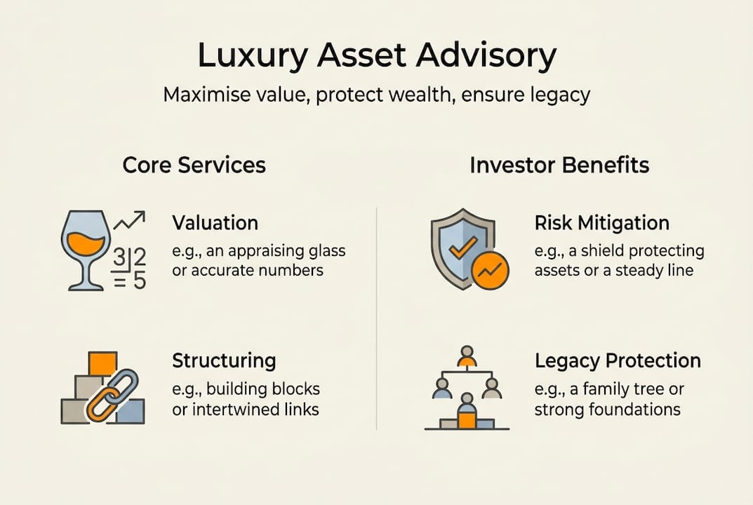 Infographic showing luxury asset advisory services