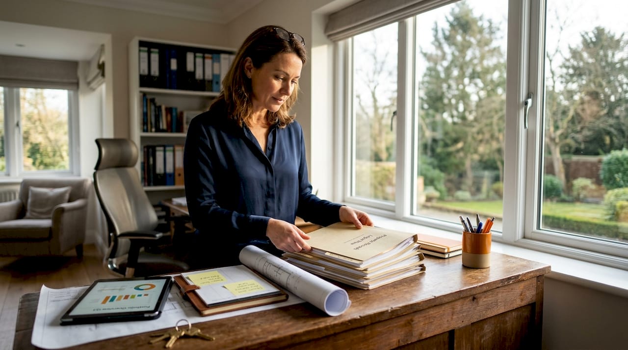 Estate manager reviews property and legal files