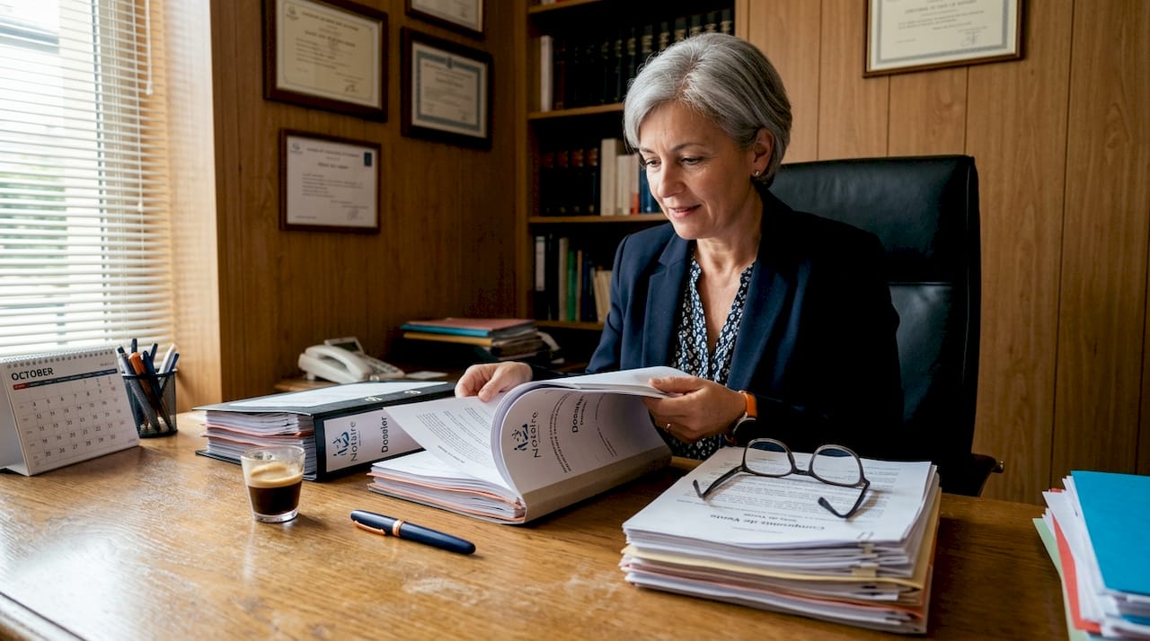 Notary working at desk with real estate documents