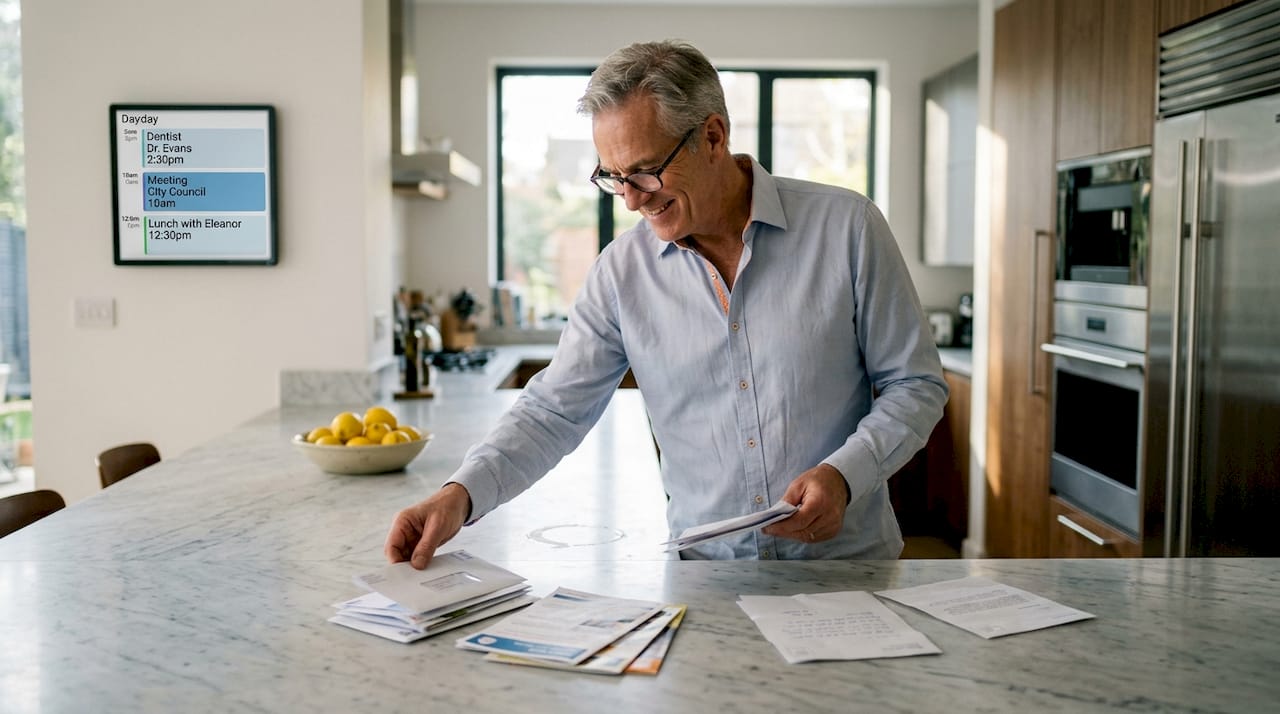 Man sorting mail in modern luxury kitchen