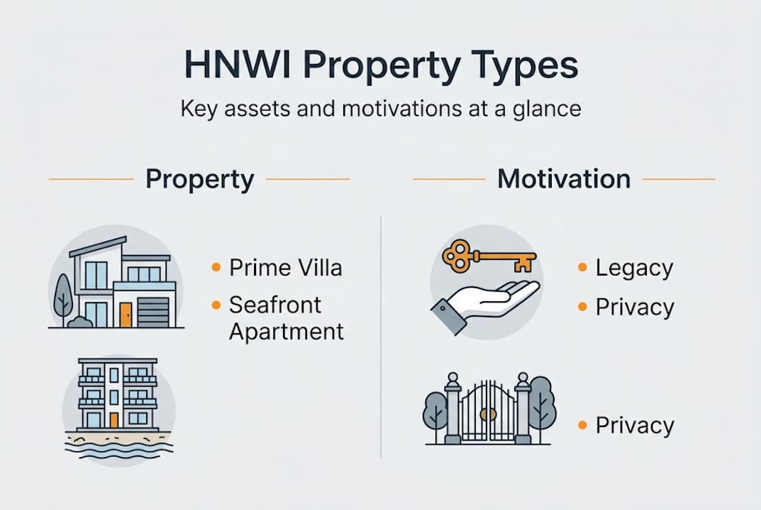 Infographic showing HNWI real estate categories and motivations