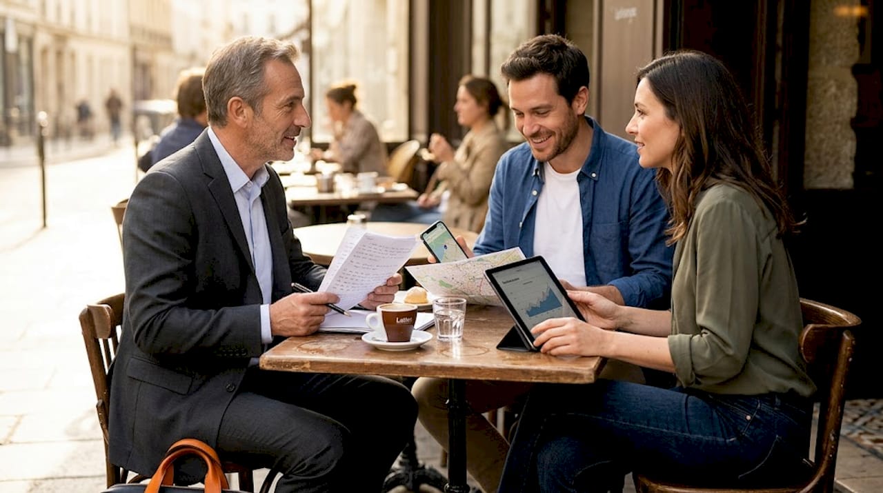 Buyers discussing property investment in café