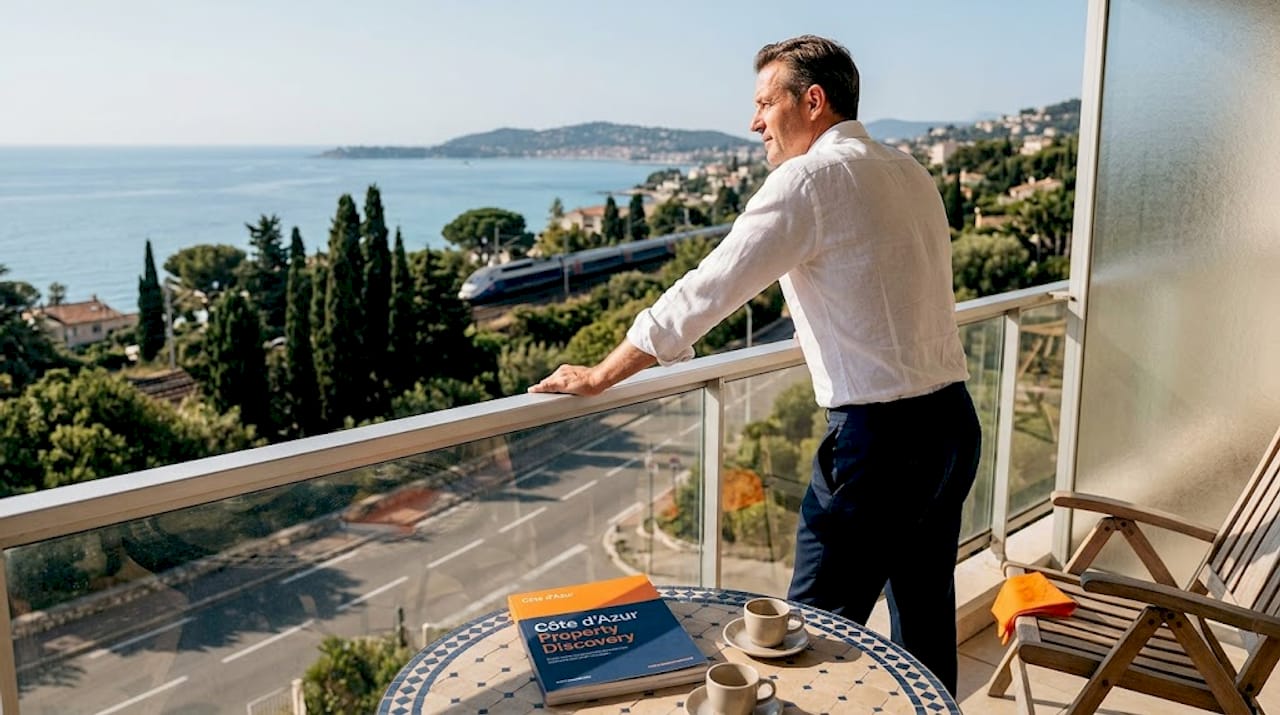 Man surveys Côte d’Azur from estate balcony