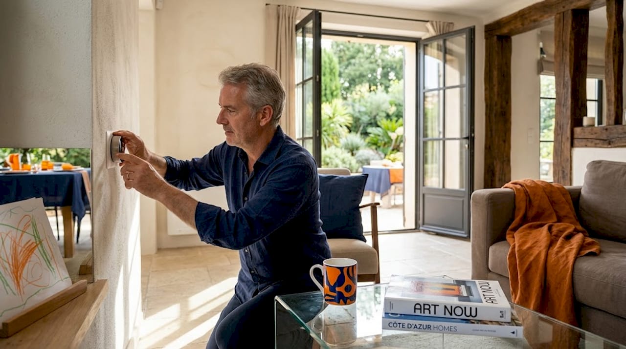 Man adjusting smart thermostat in sunny living area
