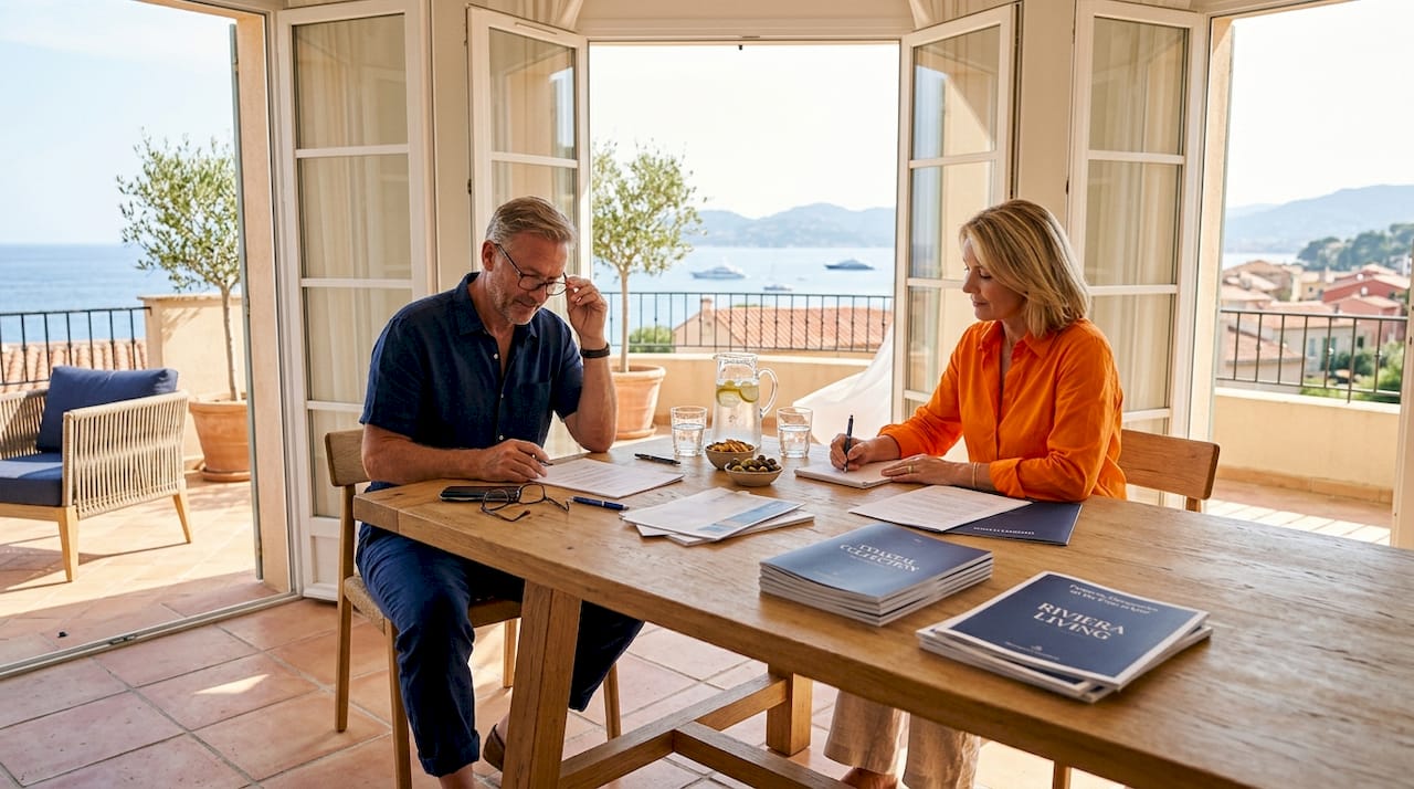 Couple reviews Riviera home paperwork