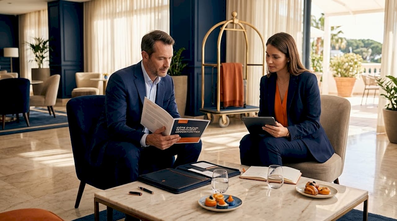 Luxury investors in hotel lobby meeting