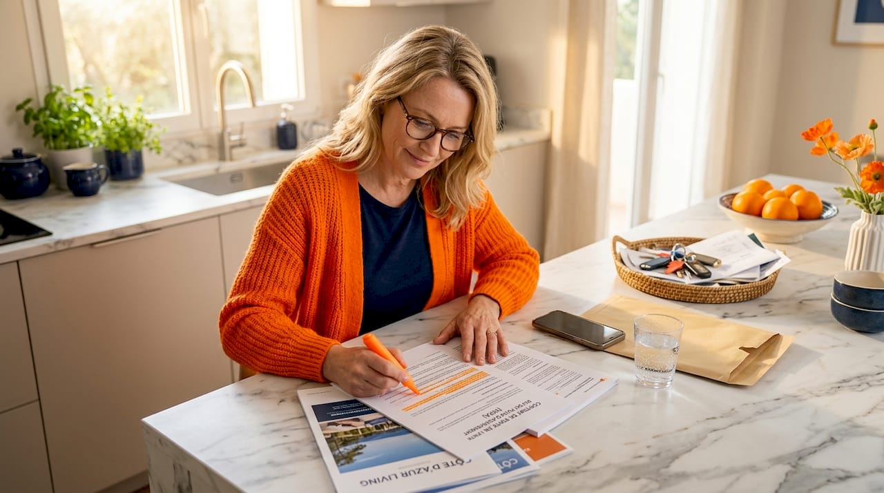 Woman reviewing French property contract at kitchen island