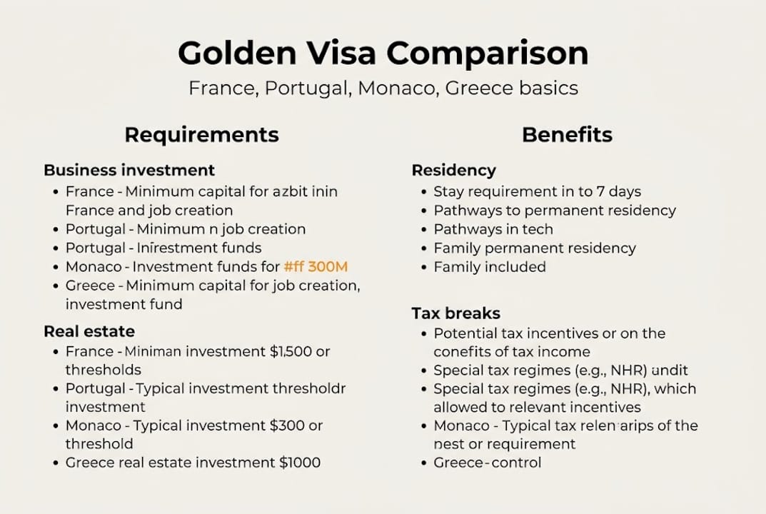Infographic comparing golden visas France Monaco Portugal Greece