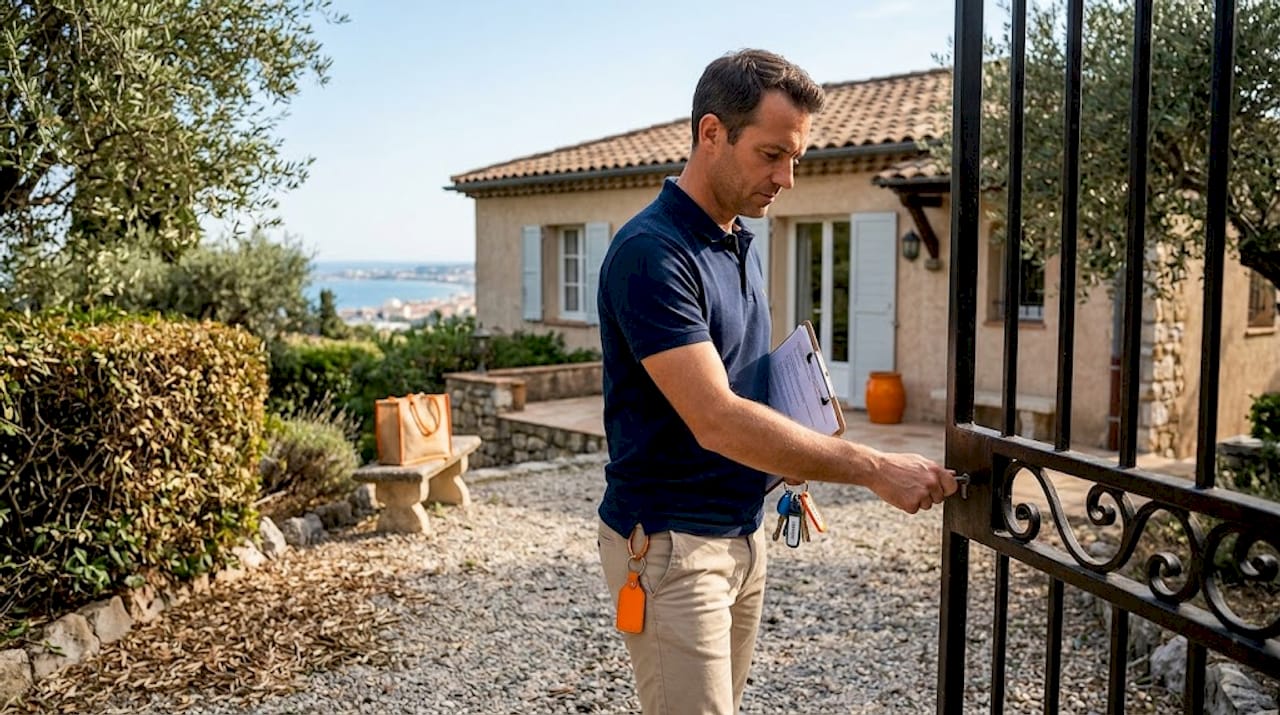 Property manager unlocking French Riviera villa gate