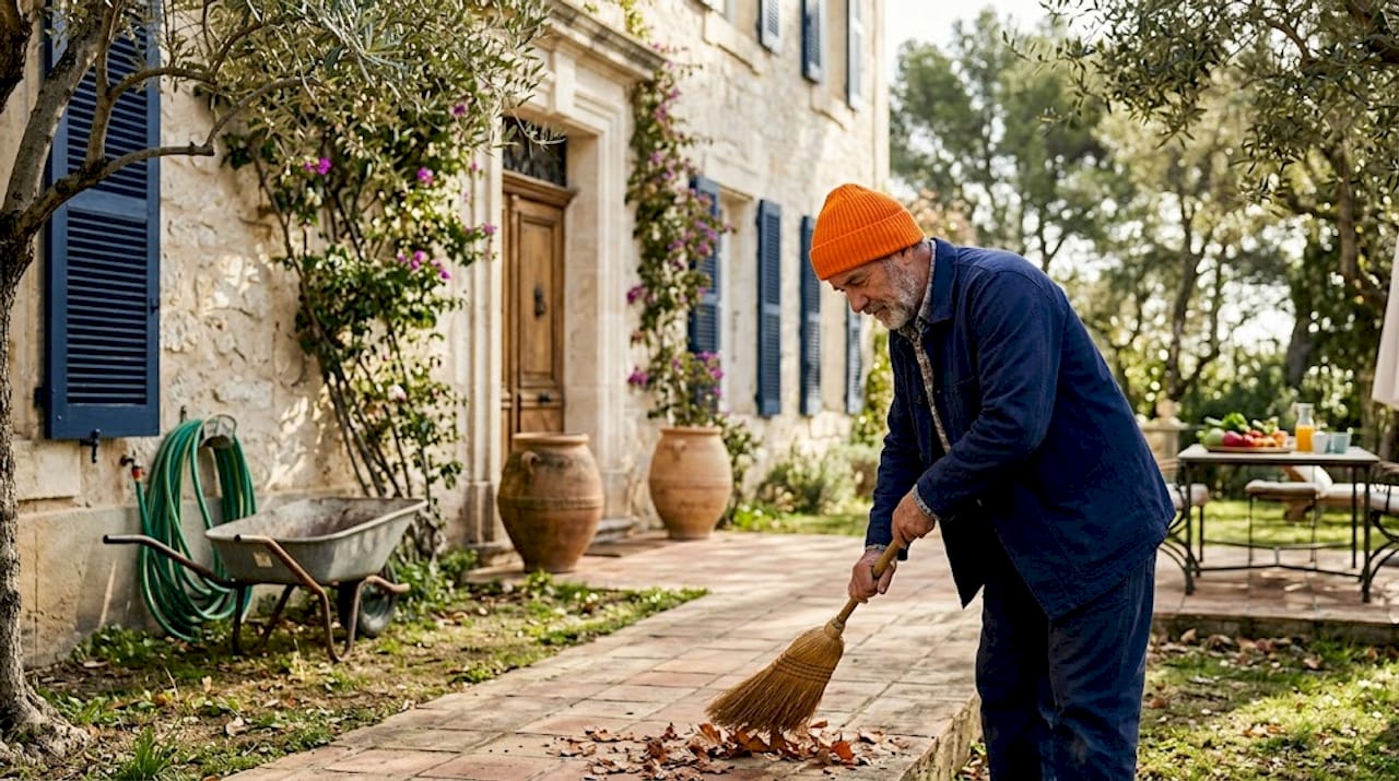 Gardener sweeping at sunlit heritage villa entrance
