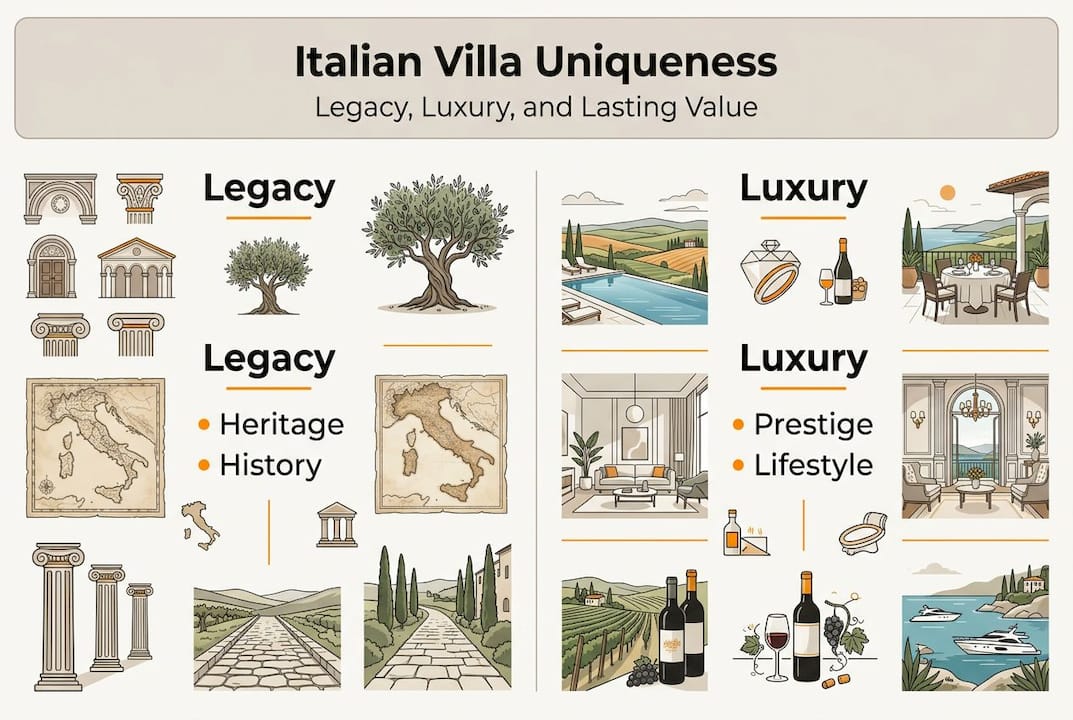 Infographic summarizing uniqueness of Italian villas