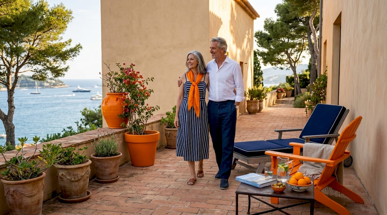 Couple strolling Saint-Jean-Cap-Ferrat villa terrace