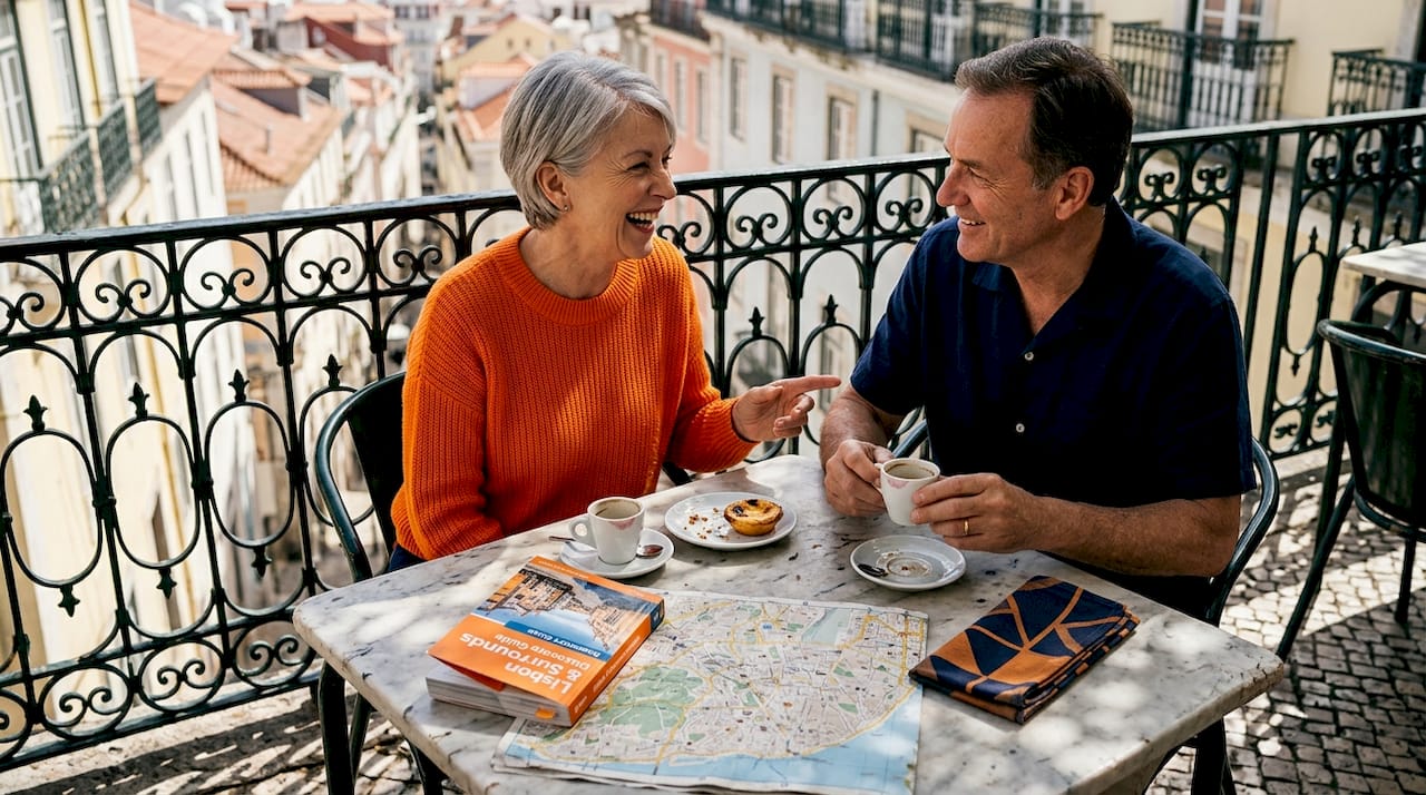 Retired couple enjoying luxury Lisbon balcony