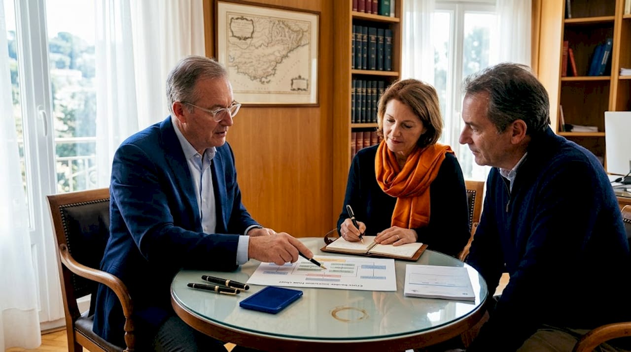 French notary advising couple estate planning