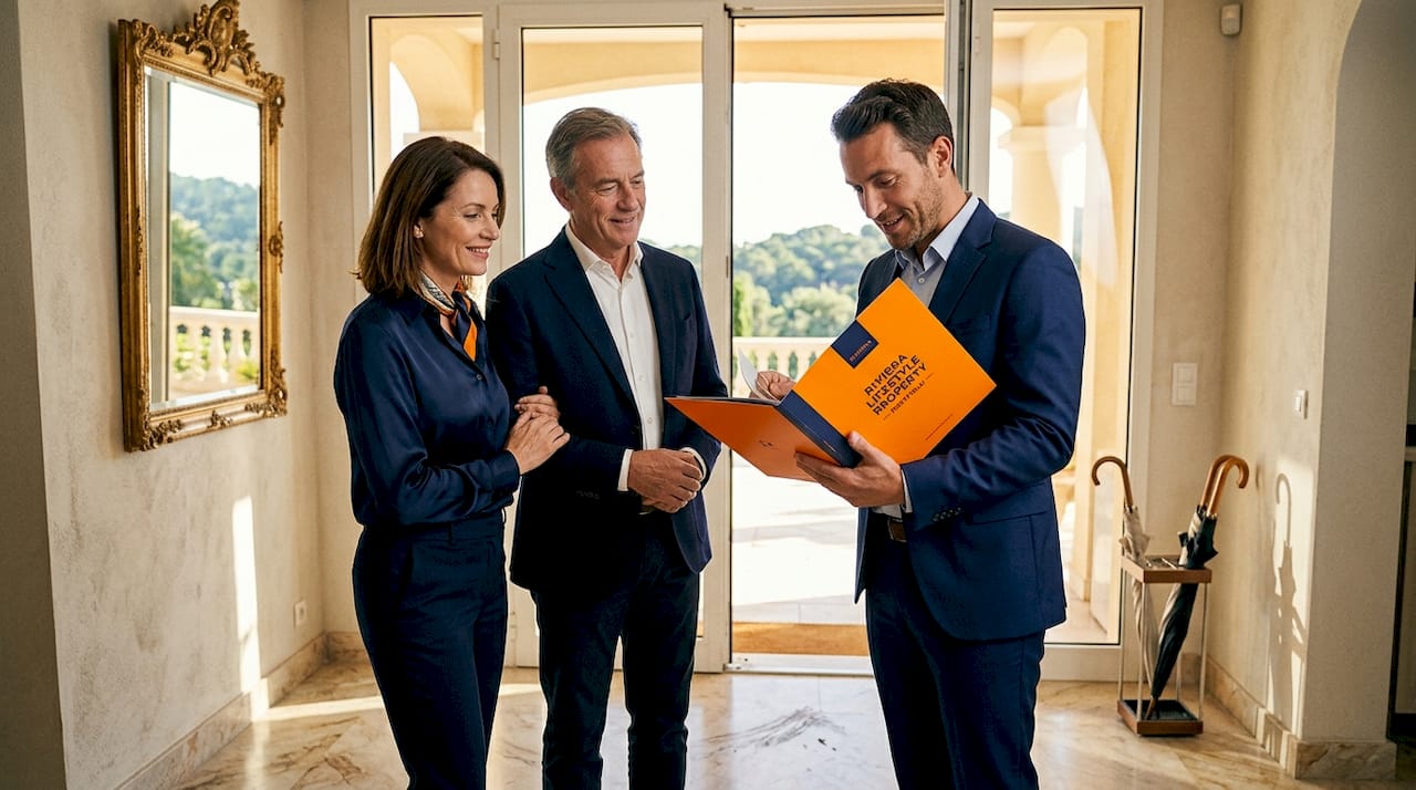 Couple viewing luxury villa with agent