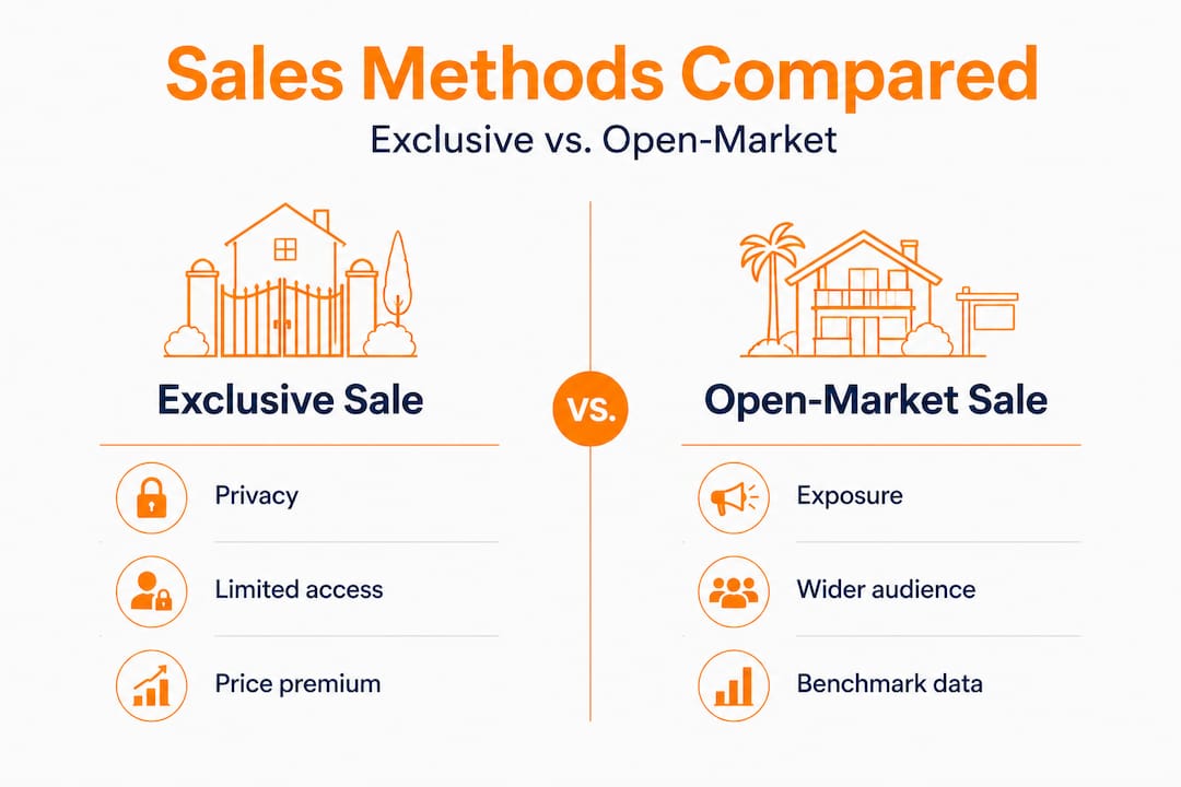 Infographic comparing exclusive and open-market luxury home sales