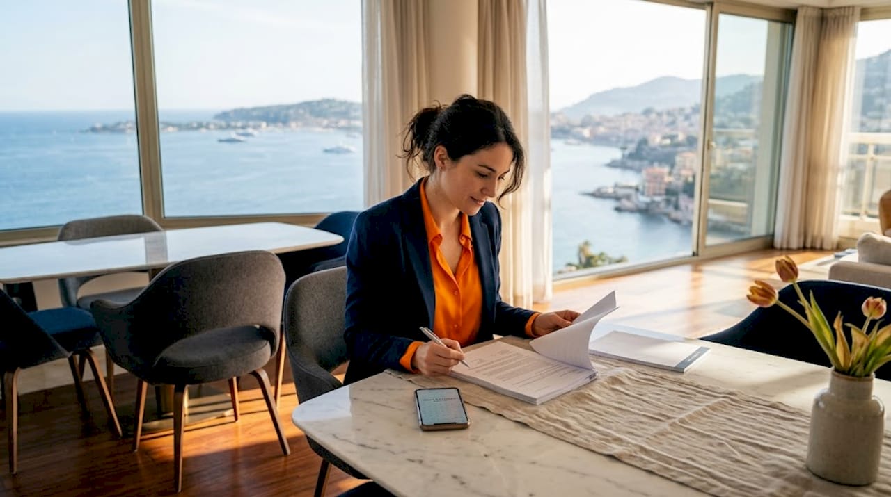 Professional reviewing papers in penthouse