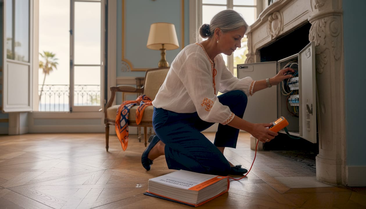 Inspector performing technical survey in Riviera living room