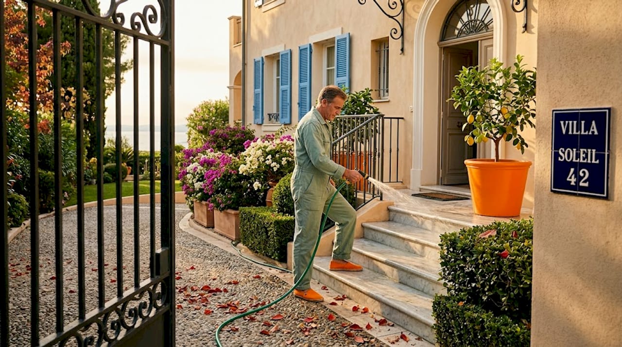 Gardener tending luxury villa entrance curb appeal
