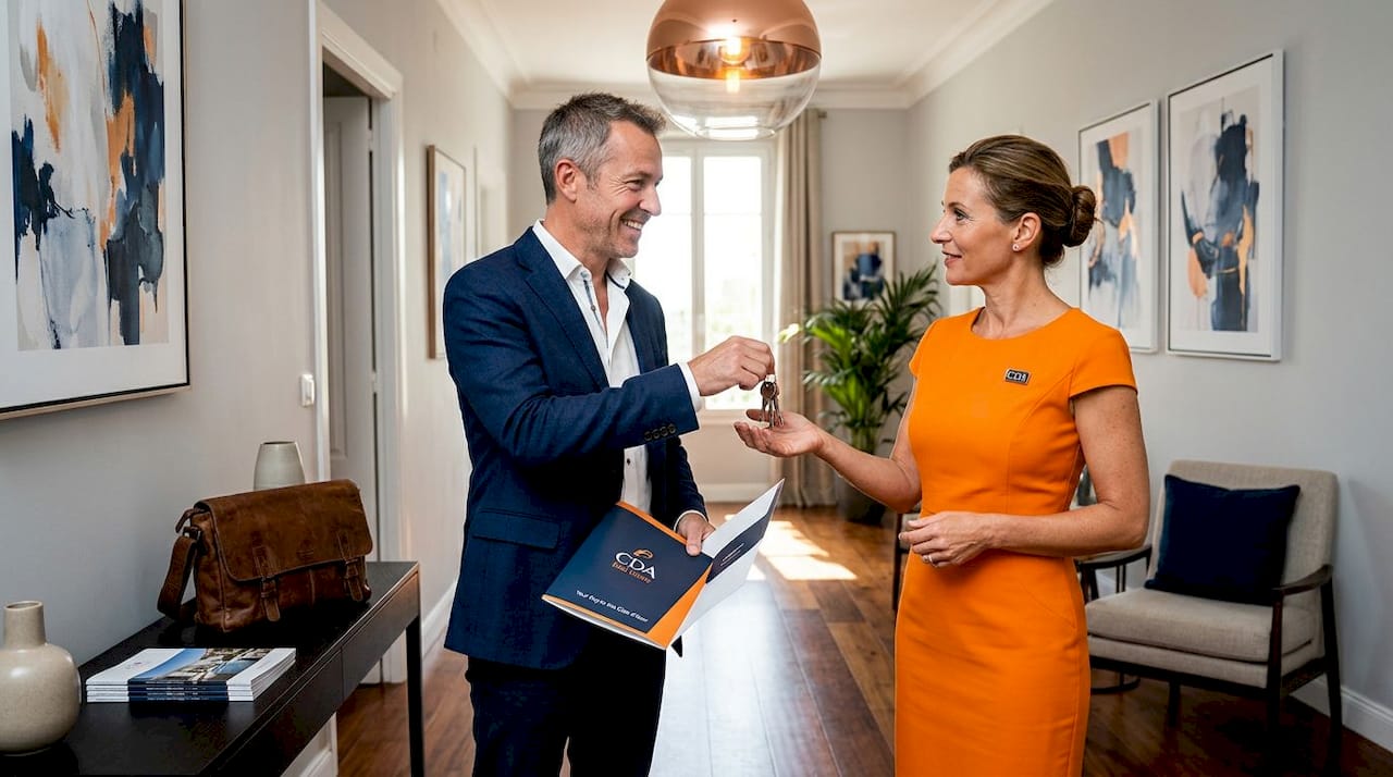 Luxury apartment owner hands keys to manager