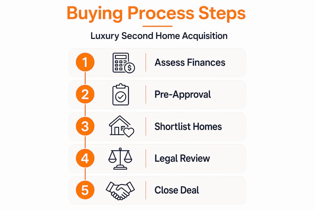 Infographic illustrating steps to buy a luxury second home