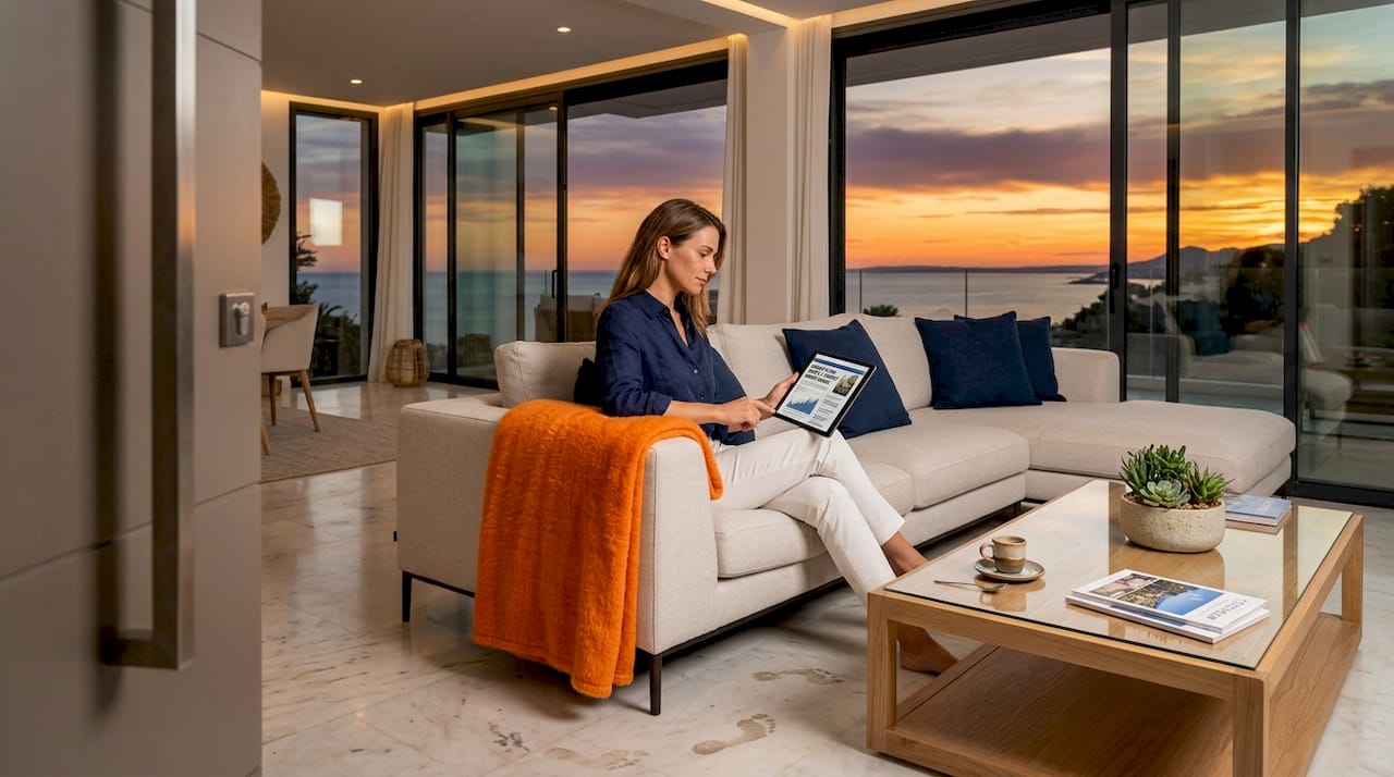 Luxury living room with sea view and owner reading