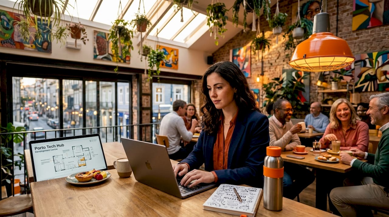 Professional working in Porto's tech hub workspace