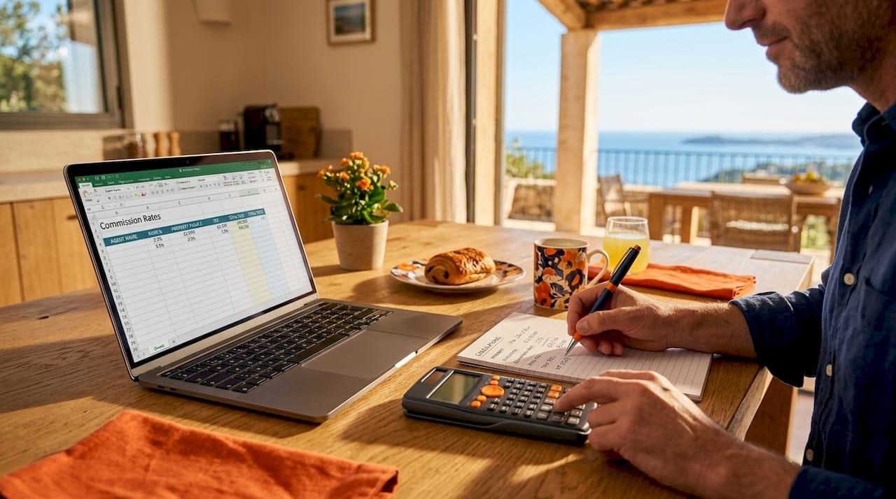 Hands calculating real estate commissions at home
