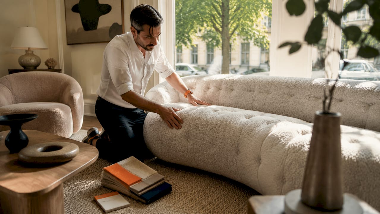 Hands touching boucle upholstery on curved sofa