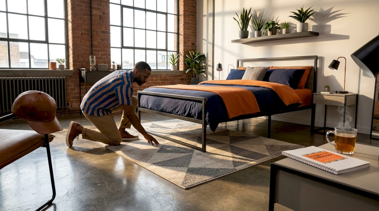 Man stylet slaapkamer in klein appartement met vloerkleed