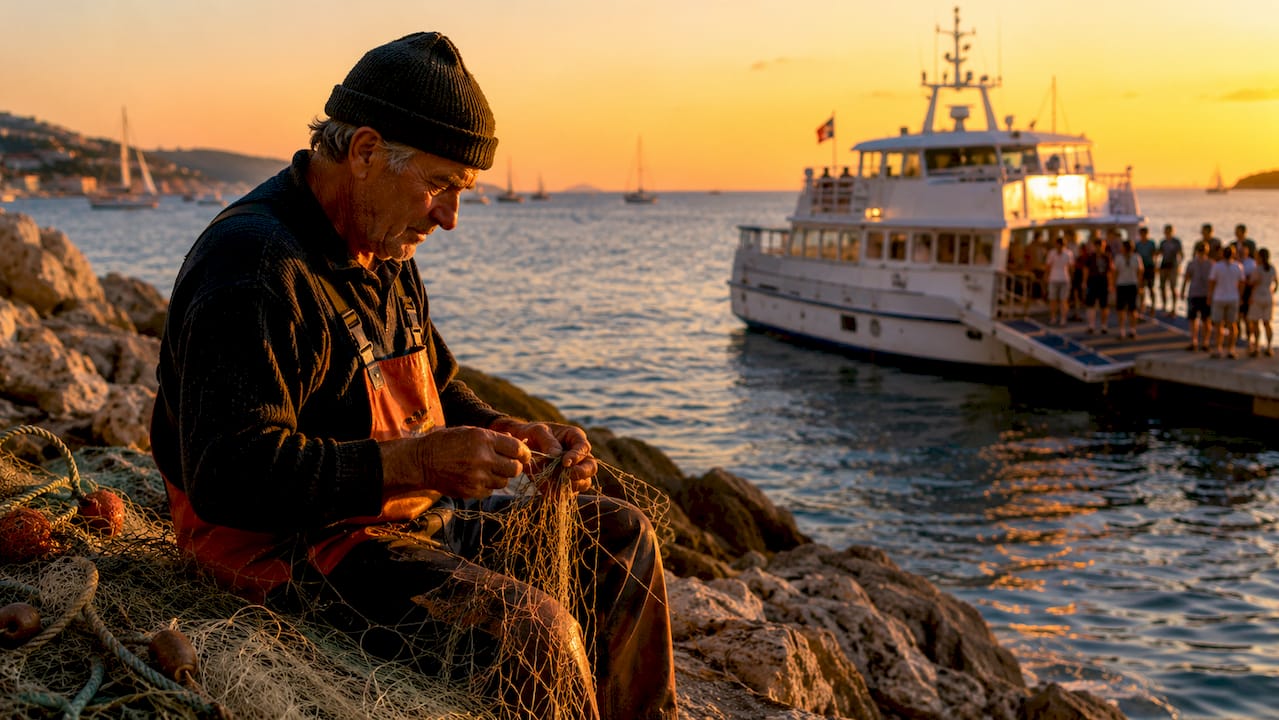 Fisherman mending nets on Sainte-Maxime dock with ferry