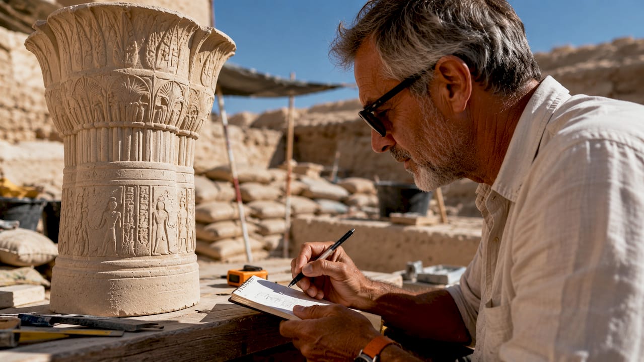 Architect examining Egyptian column replica outdoors