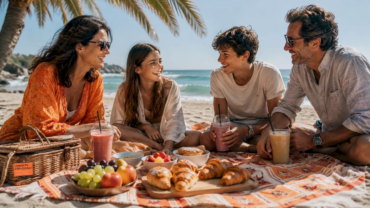 Family networking and enjoying brunch on sunny beach terrace