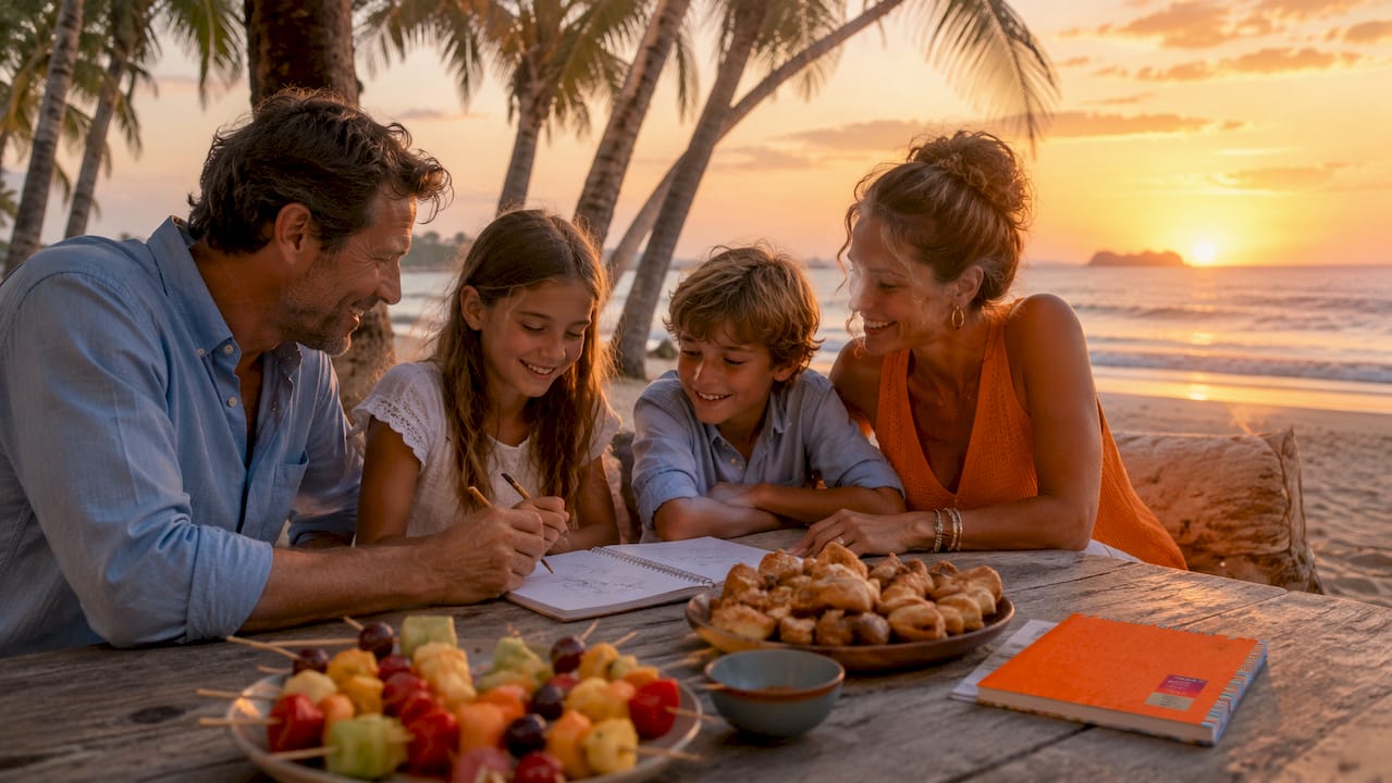 Family happily discussing property buying on beach