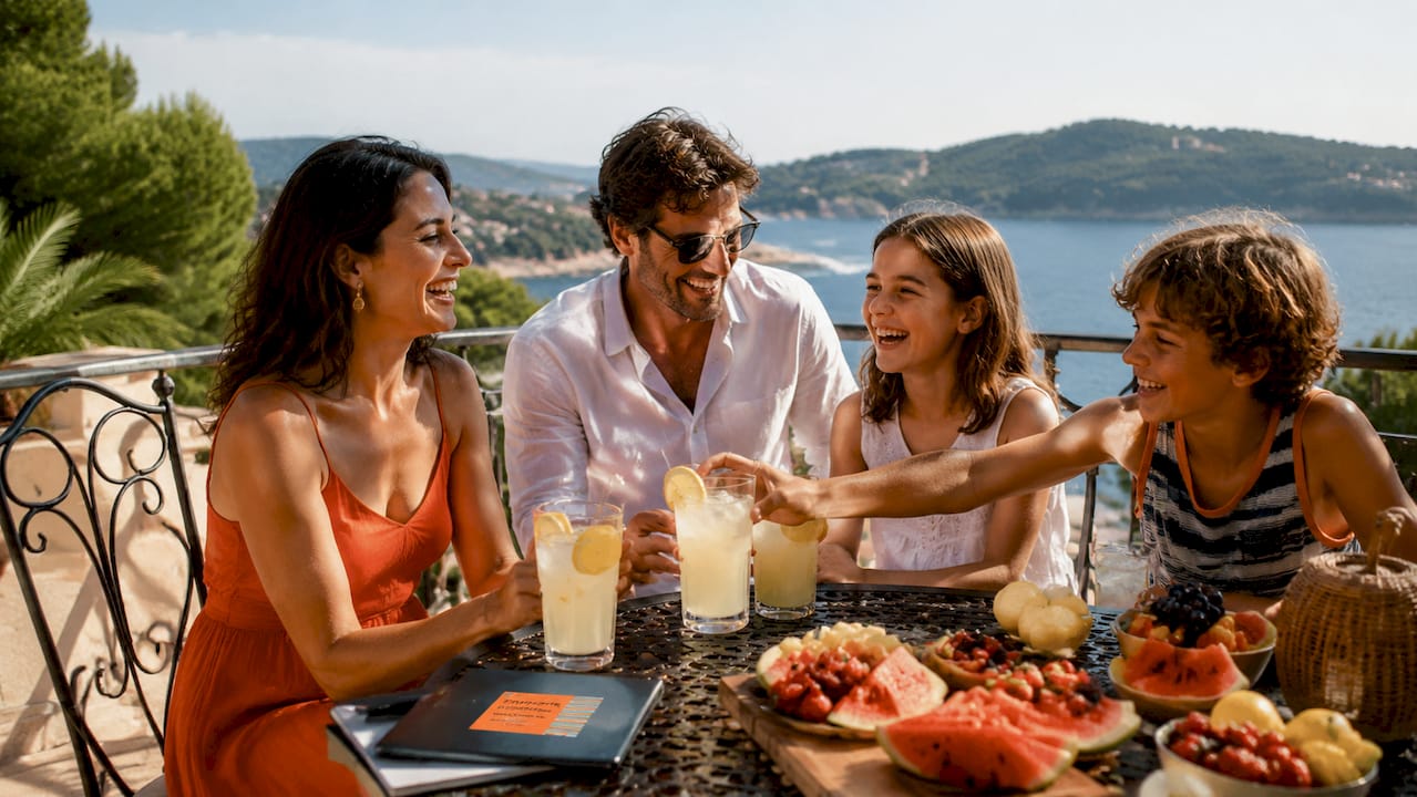 Family enjoying food and drinks on sunny beach terrace