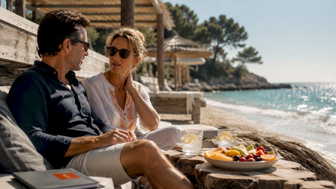 Couple discussing real estate mandate on sunny beach terrace