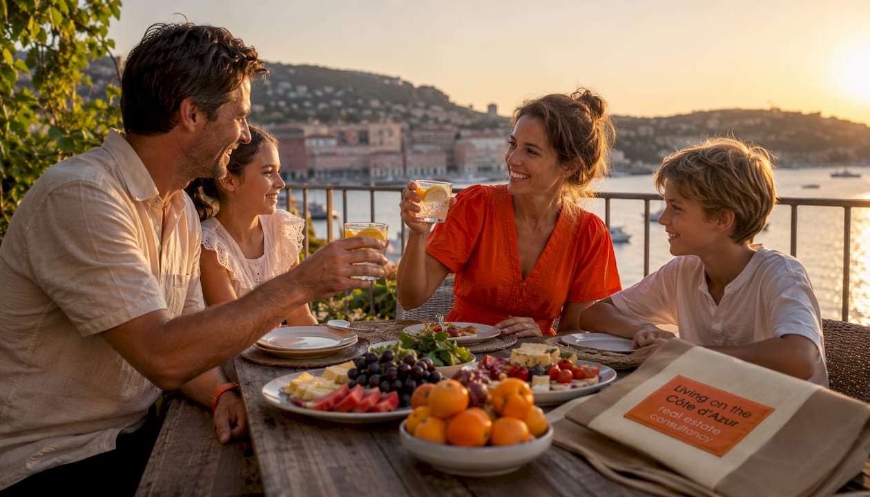 Family celebrating with drinks on beach terrace