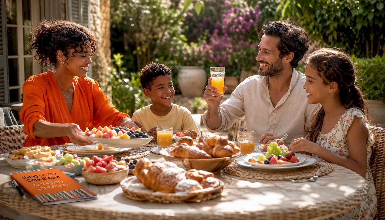 Happy family luncheon on luxury home terrace
