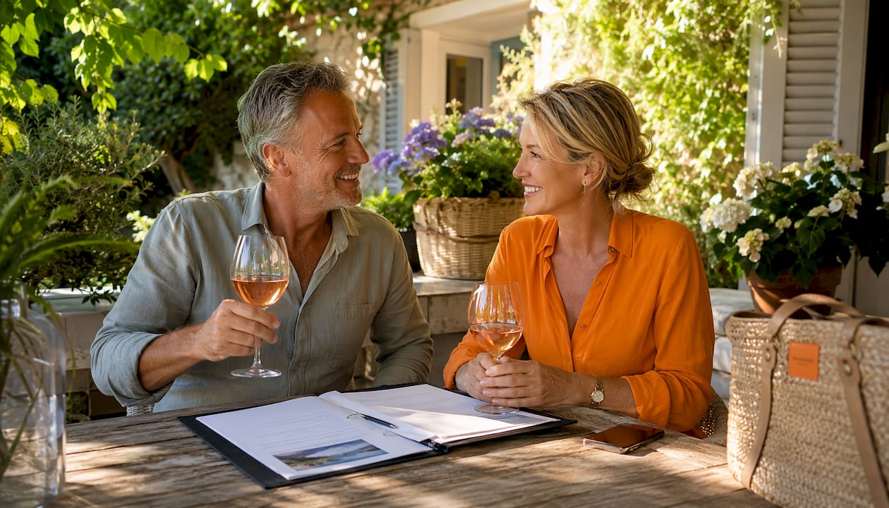 Couple planning property investment outdoors on terrace