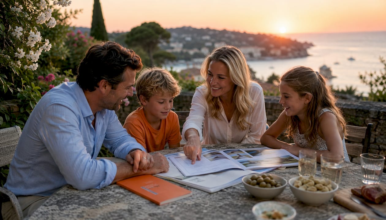 Family negotiating property sale outdoors