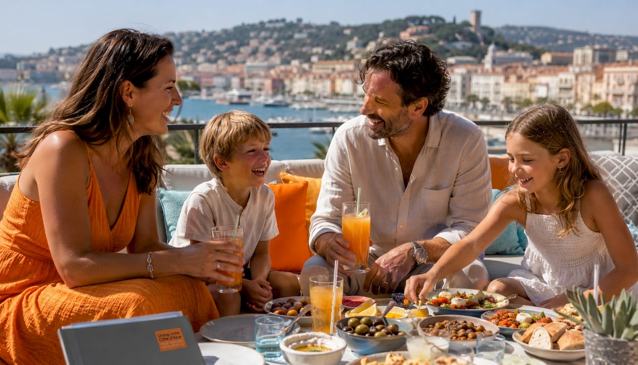 Family relaxing with food and drinks on Riviera terrace