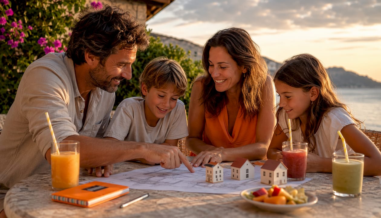 Happy family on beach terrace with tablet and models