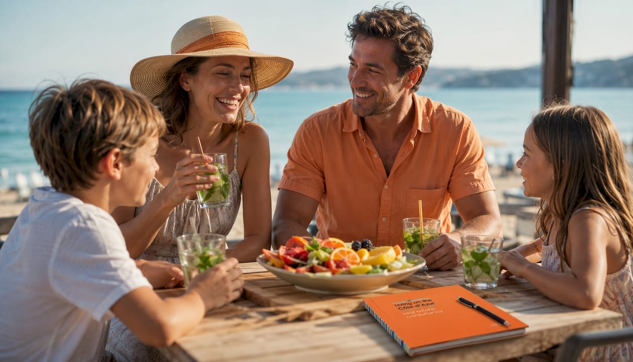 Family relaxing with drinks on beach terrace