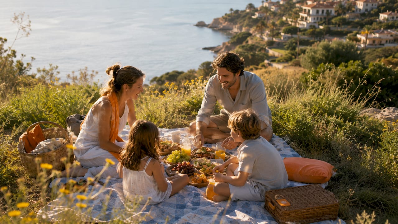 Family having picnic on beach in warm sunlight